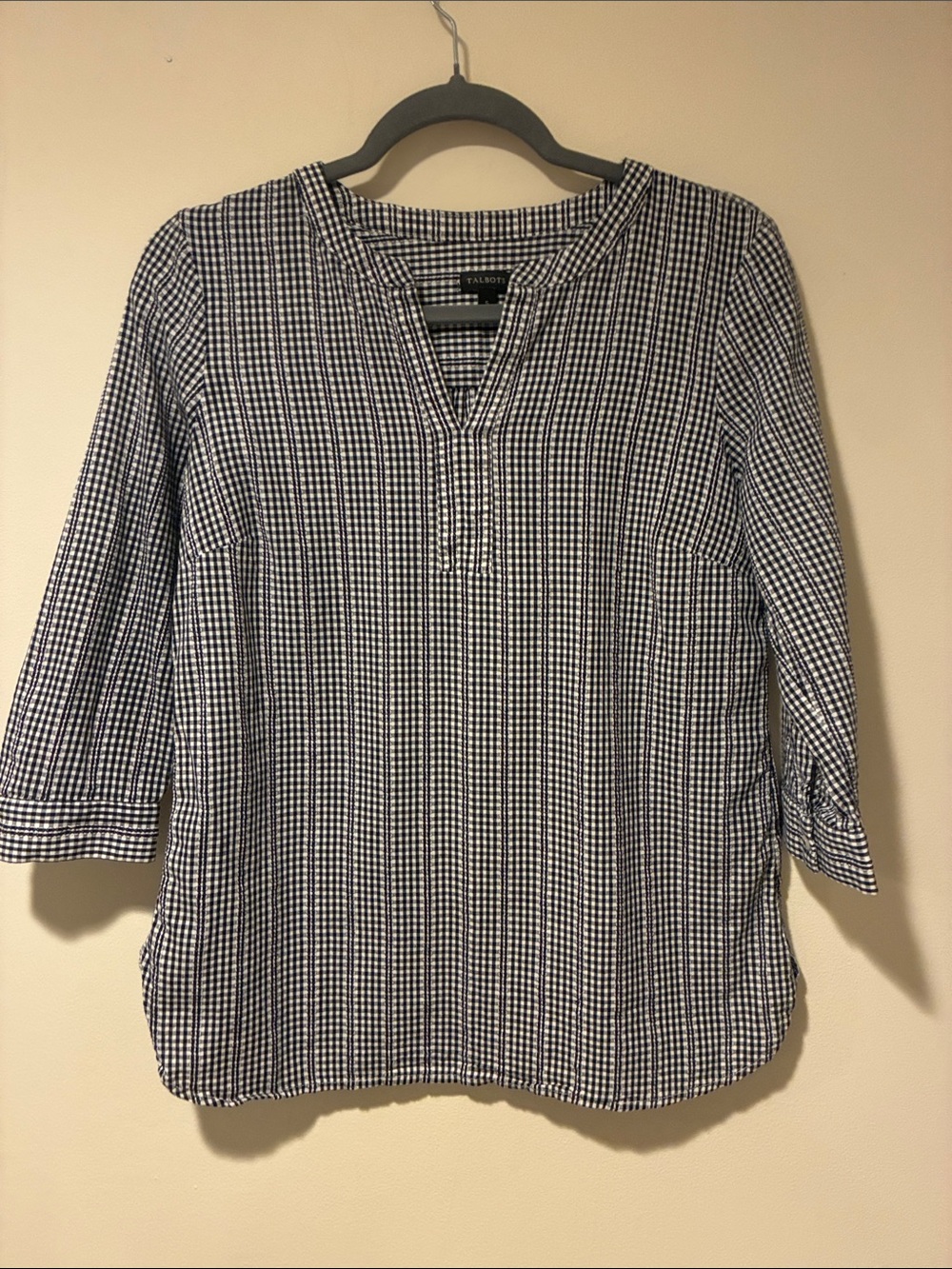 Talbots Navy and White Gingham V-Neck 3/4 Sleeve Tunic Sz S LagenLook Worn 1x